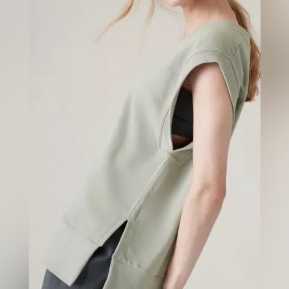 ATHLETA Retroterry V-Neck Sweatshirt Tee Sleeveless in Fern Green, Size L - Picture 3 of 16